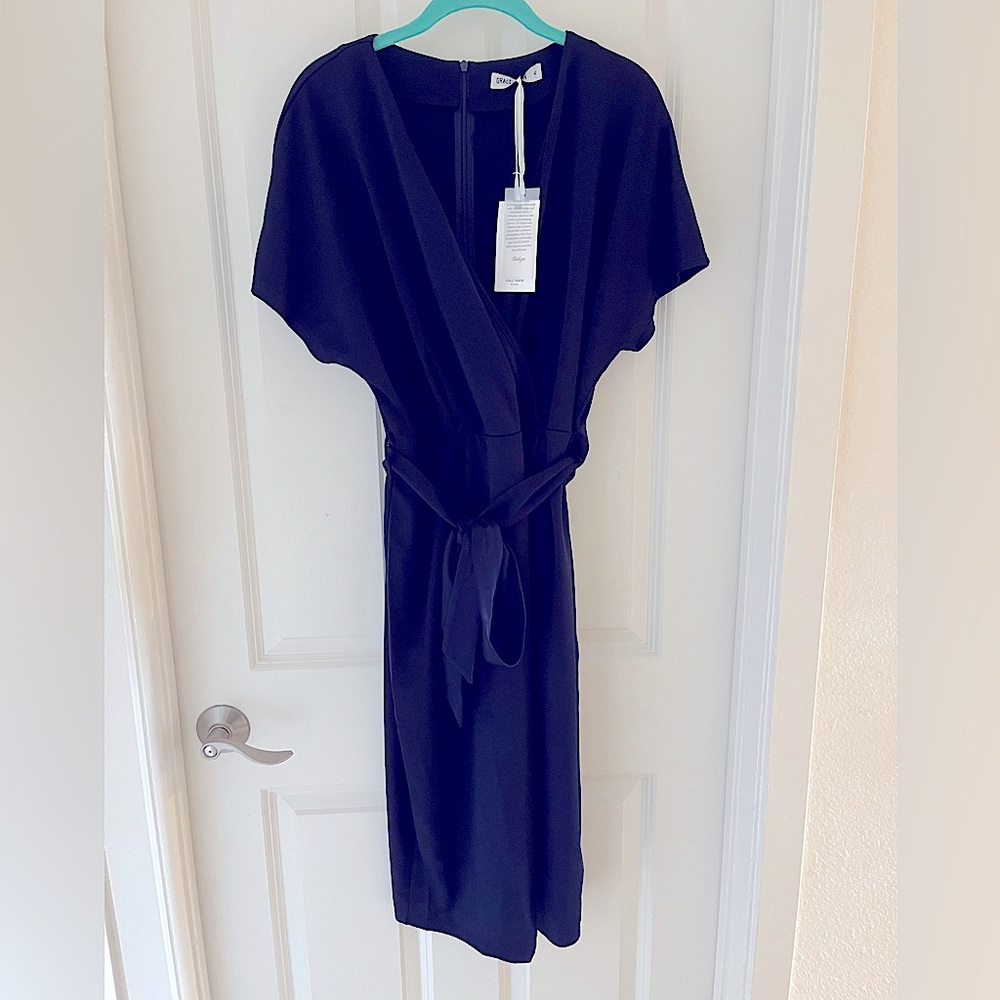 NWT Women's Business V Neck Split Faux Wrap Midi Dress Tie Waist - NAVY BLUE